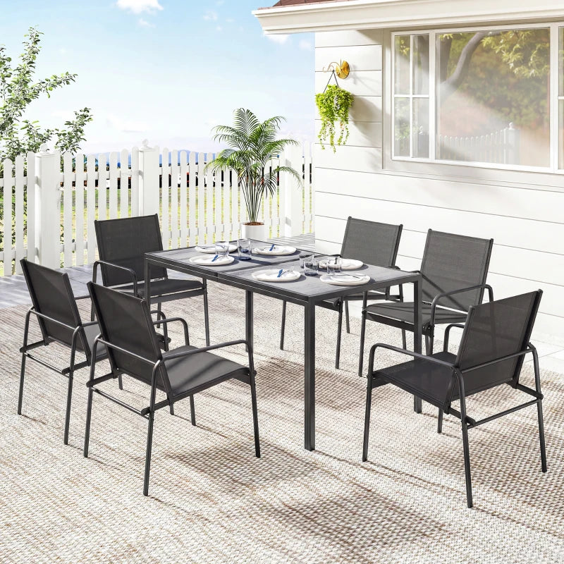 Outdoor Dining Set for 6 with Faux Wood Patio Table and Breathable Mesh Chairs - Durable Weather-Resistant Patio Furniture