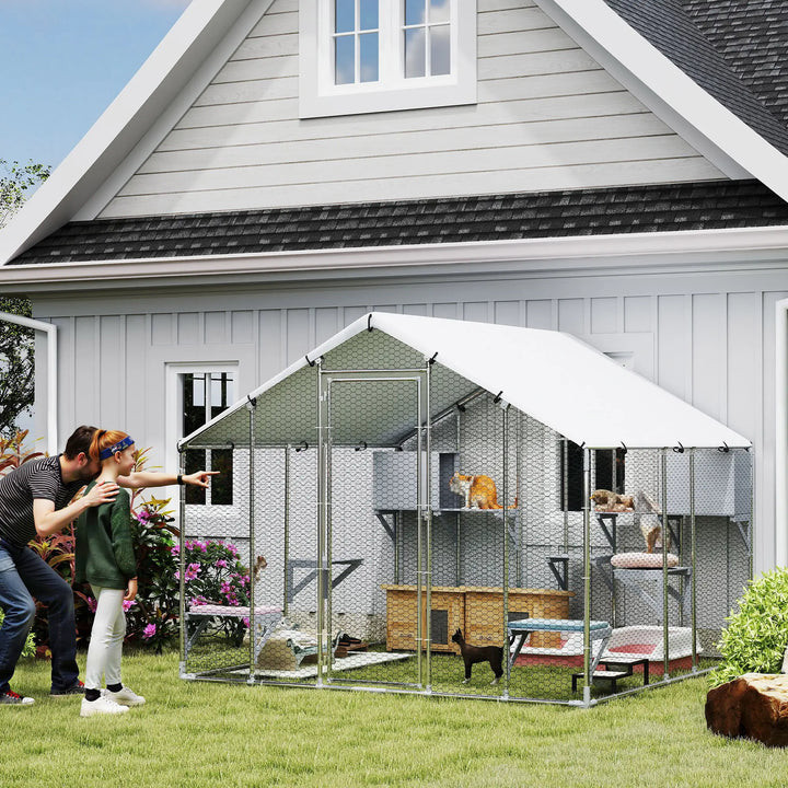 Large Catio Fence Enclosure Outdoor Shelter w Waterproof Roof Shade for Cats, Chickens, Rabbits