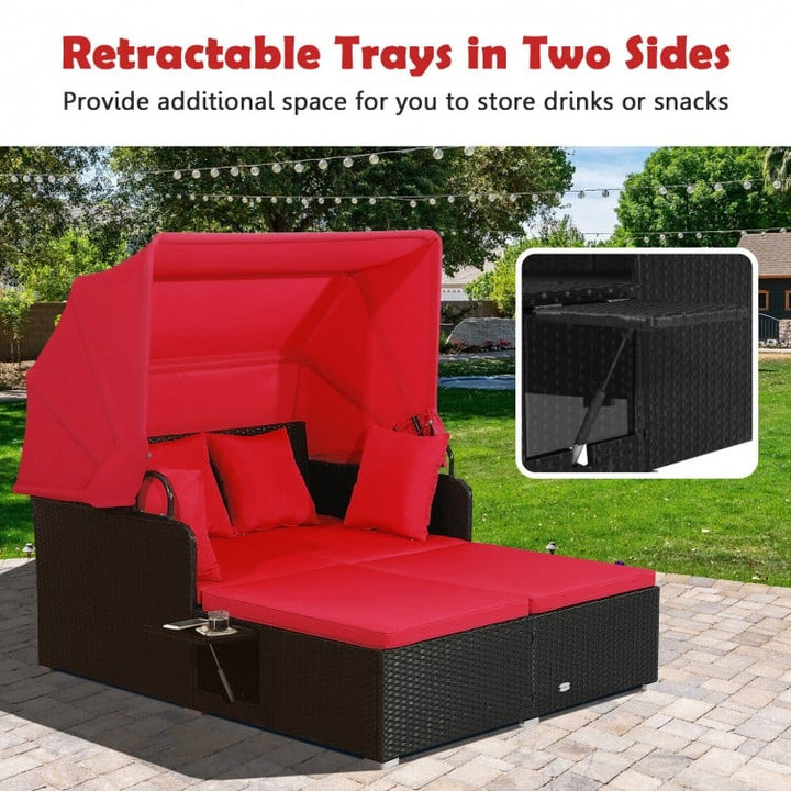 2-Person Rattan Wicker Canopy Daybed Lounge Chaise for Outdoor Patio, Cushions, Black, Red