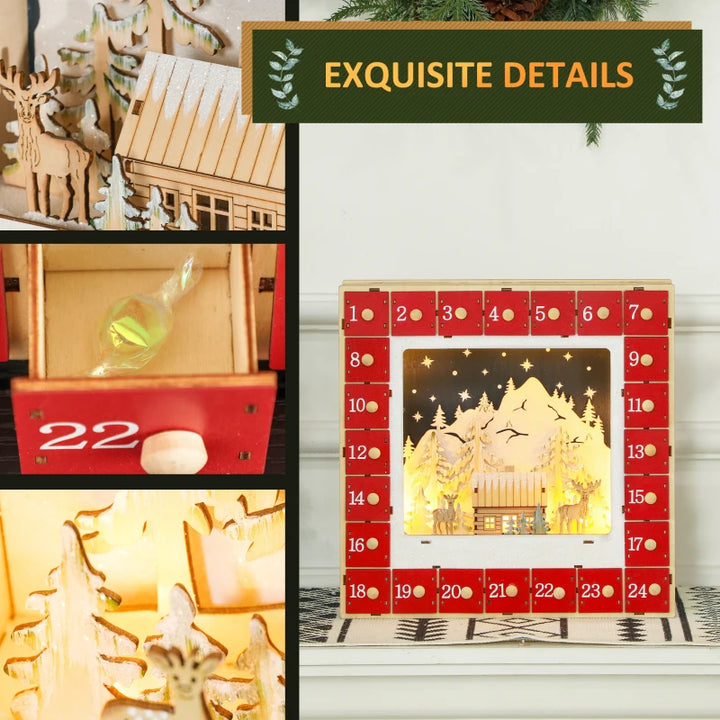 NEW Light-Up Wooden Christmas Advent Countdown Decoration w 24 Drawers, Holiday Xmas Village, Red