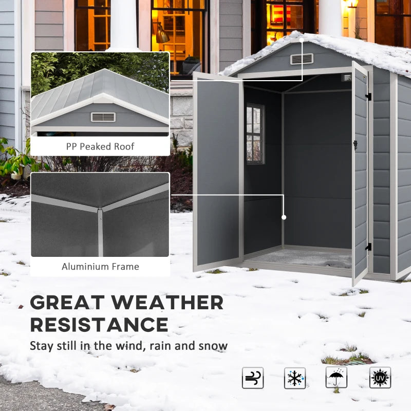 6' x 4.5' Resin PP Plastic Aluminum Outdoor Tool Storage Shed w 2 Doors for Patio Garden, Grey