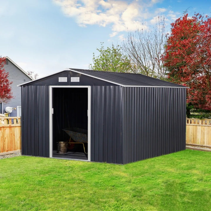 10.6 x 9.1 x 6.3’ Large Galv Steel Outdoor Storage Tool Work Shed for Garden Backyard, Dk Grey