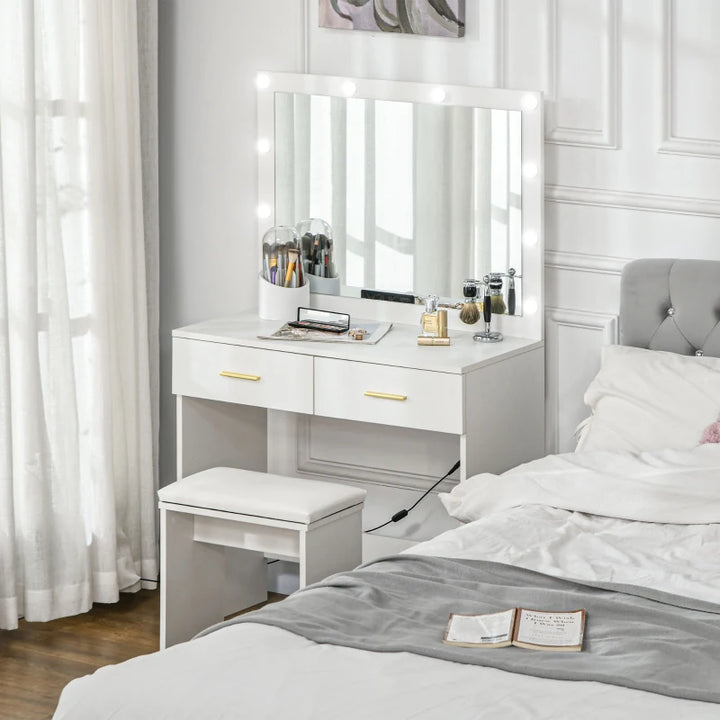 Makeup Vanity Desk Set with LED Lighting Mirror - Modern Dressing Table with Storage