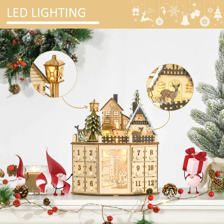 Light-Up Wooden Christmas Advent Countdown Decoration w 24 Drawers Holiday Xmas, Winter Village