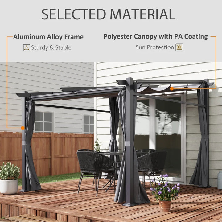 10' x 10' Sloped Pergola Gazebo, Retractable Canopy Roof, Curtains Outdoor Patio Garden Dk Grey