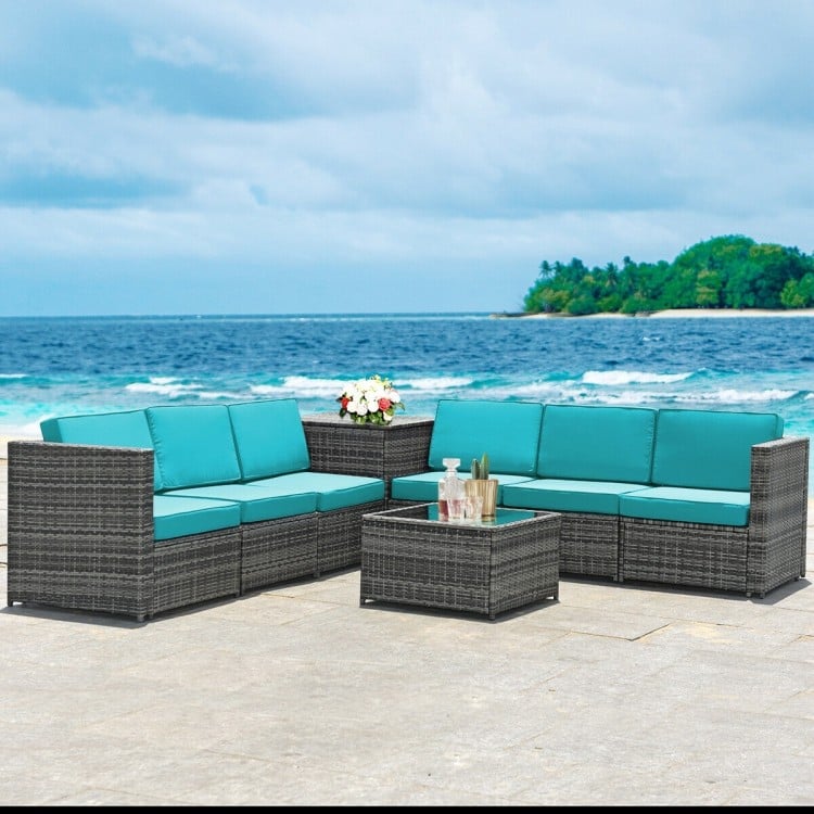 8pc L-Shape Rattan Wicker Sectional w Storage, Cover, Outdoor Patio Furniture, Grey, Turquoise