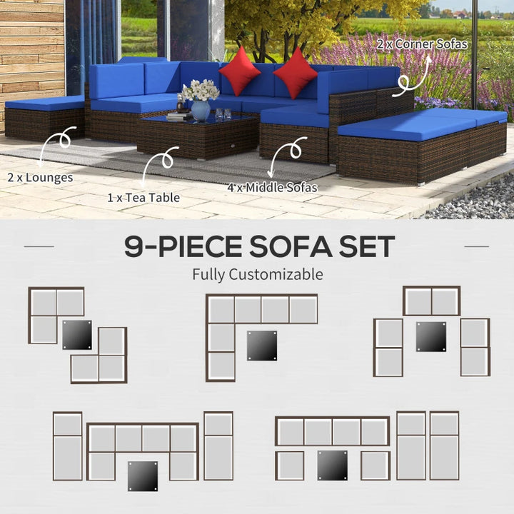 9pc Premium PE Rattan Wicker Sectional Conversation Outdoor Patio Set w 2 Loungers, Brown, Blue