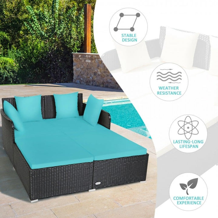 Double Rattan Wicker Daybed Sun Lounger Sofa Chaise w Cushions for Outdoor Patio, Turquoise, Black