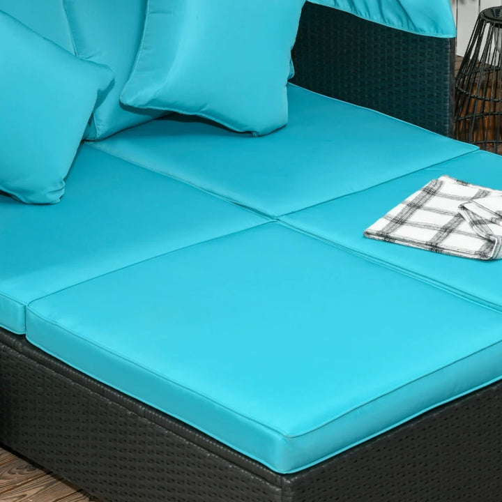 2-Person Outdoor Rattan Wicker Canopy Daybed Lounge Chaise Cushion Patio Set, Black, Aqua Teal