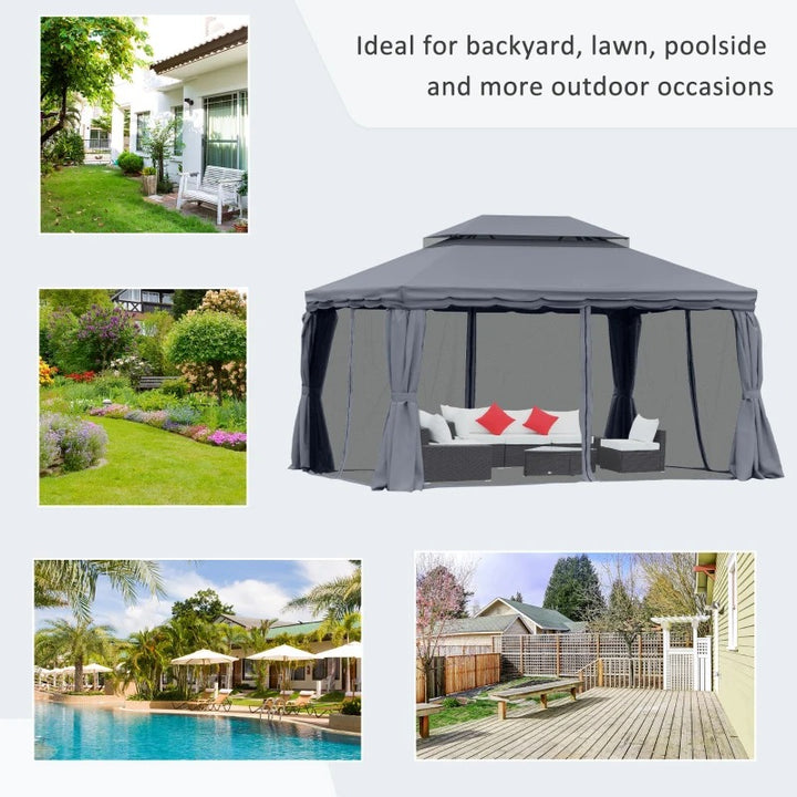 13' x 10' Aluminum Gazebo Canopy Outdoor Tent Shelter w Tiered Roof, Curtain, Mesh Net, Dk Grey