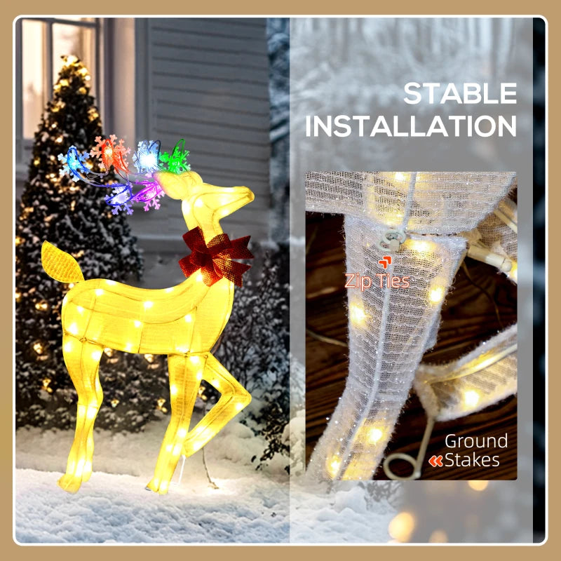 2ft Cute Outdoor Holiday Christmas Light-Up Lawn Decoration Steel, 61 Lights, White Reindeer