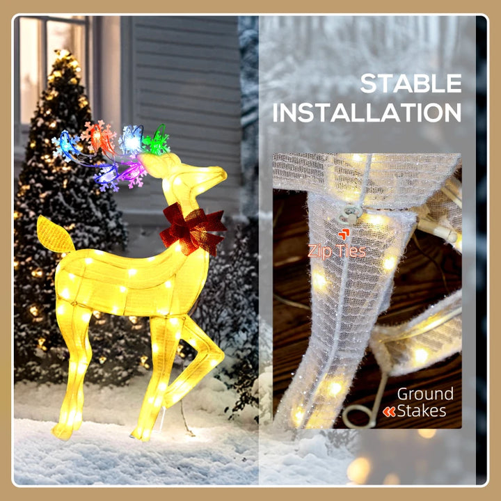 2ft Cute Outdoor Holiday Christmas Light-Up Lawn Decoration Steel, 61 Lights, White Reindeer