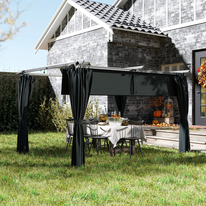 13' x 10' Aluminum Metal Pergola Gazebo Patio Shelter w Retractable Canopy Roof, Curtains, Dk Grey