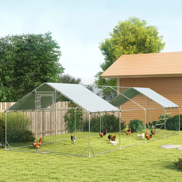 26.2' x 9.8' x 6.4' Large Galv Steel Outdoor Chicken Run Coop w Feed Door, Cage Shelter Fence Yard