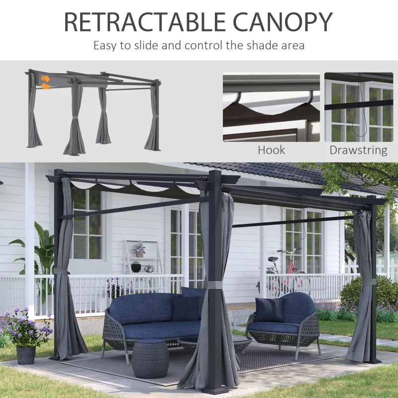 10' x 10' Sloped Pergola Gazebo, Retractable Canopy Roof, Curtains Outdoor Patio Garden Dk Grey