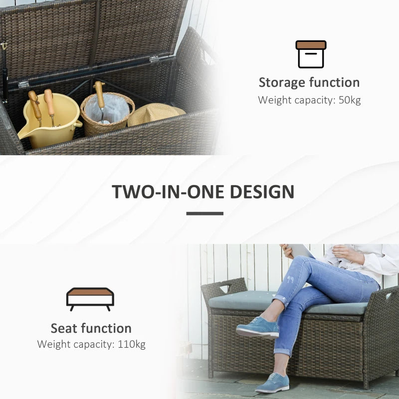 41" Rattan Wicker Storage Deck Box Bench w Seat Cushion for Indoor Outdoor Patio, Brown, Grey