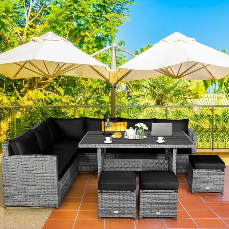 7pc L-Shape Rattan Wicker Dining Set Outdoor Patio Sectional w Table Cushions Ottomans, Black