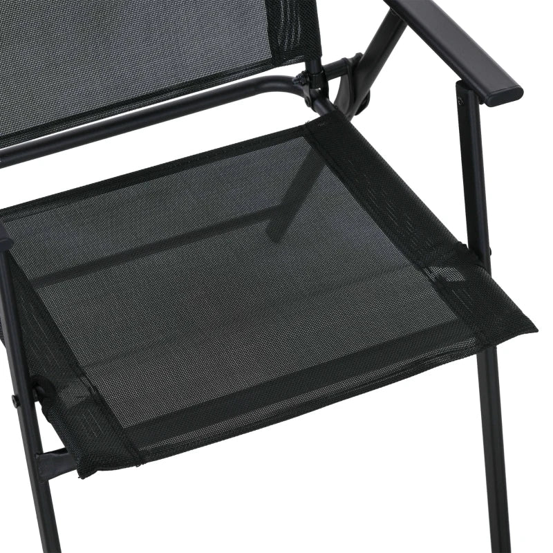 8pc Outdoor Patio Dining Set w 6 Folding Mesh Chairs, Black-Glass Table, Tilt Umbrella, Black