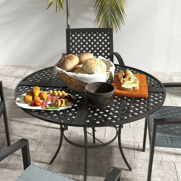 5pc Steel Round Dining Table Outdoor Patio Set w 4 Stacking Armchairs, Cushions - Black, Grey