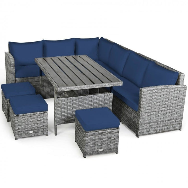 7pc L-Shape Rattan Wicker Dining Set Outdoor Patio Sectional w Table Cushions Ottomans, Navy Blue