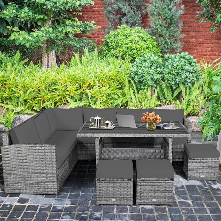 7pc L-Shape Rattan Wicker Dining Set Outdoor Patio Sectional w Table Cushions Ottomans, Mixed Grey