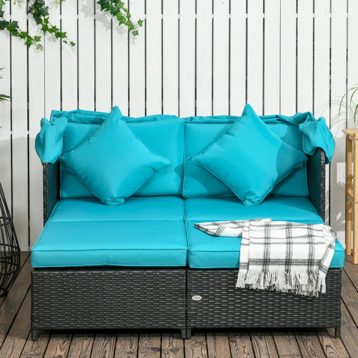 2-Person Outdoor Rattan Wicker Canopy Daybed Lounge Chaise Cushion Patio Set, Black, Aqua Teal