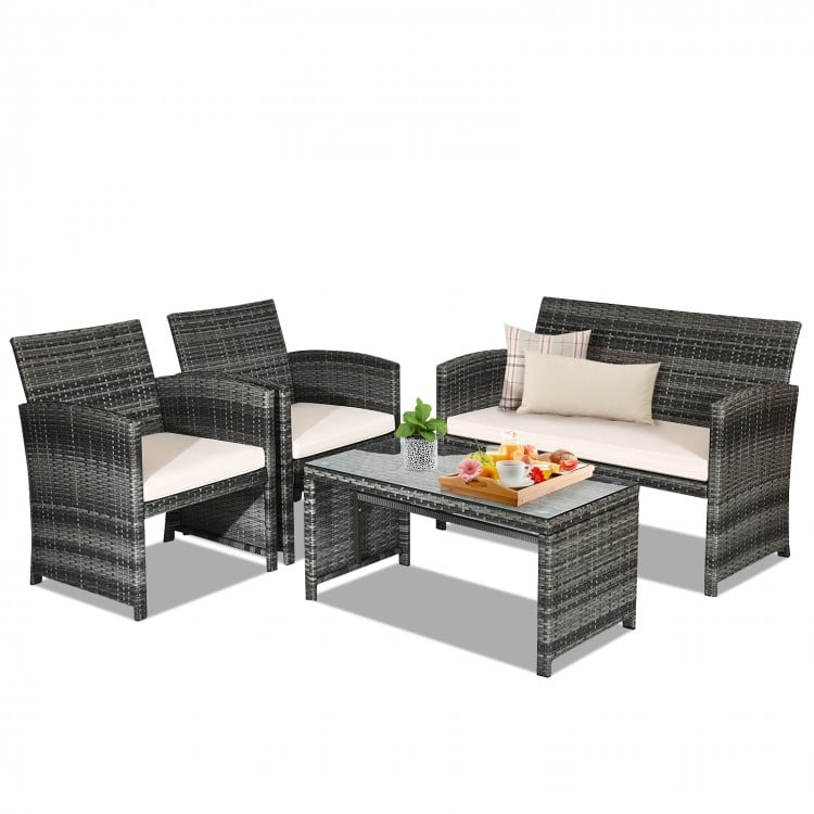 4pc Rattan Wicker Conversation Furniture Loveseat Set w Cushions Outdoor Patio, Grey, Cream White