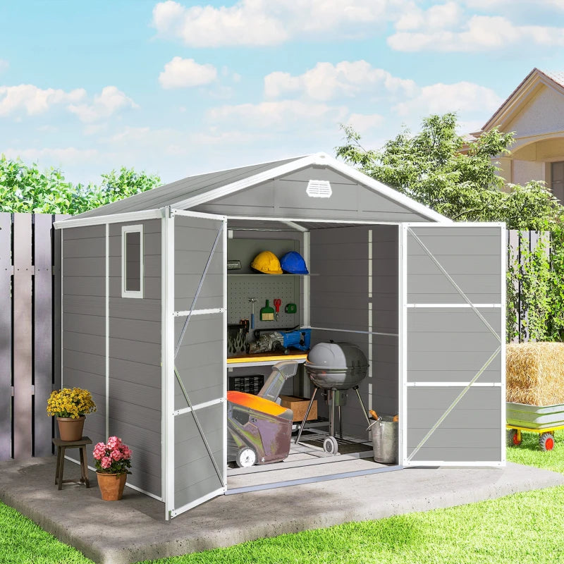8' x 6' Plastic Garden Storage Shed with Latch Door, Vents, and Sloped Roof - Durable Weatherproof Outdoor Storage