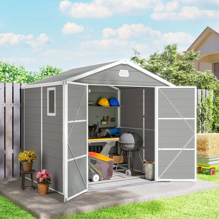 8' x 6' Plastic Garden Storage Shed with Latch Door, Vents, and Sloped Roof - Durable Weatherproof Outdoor Storage