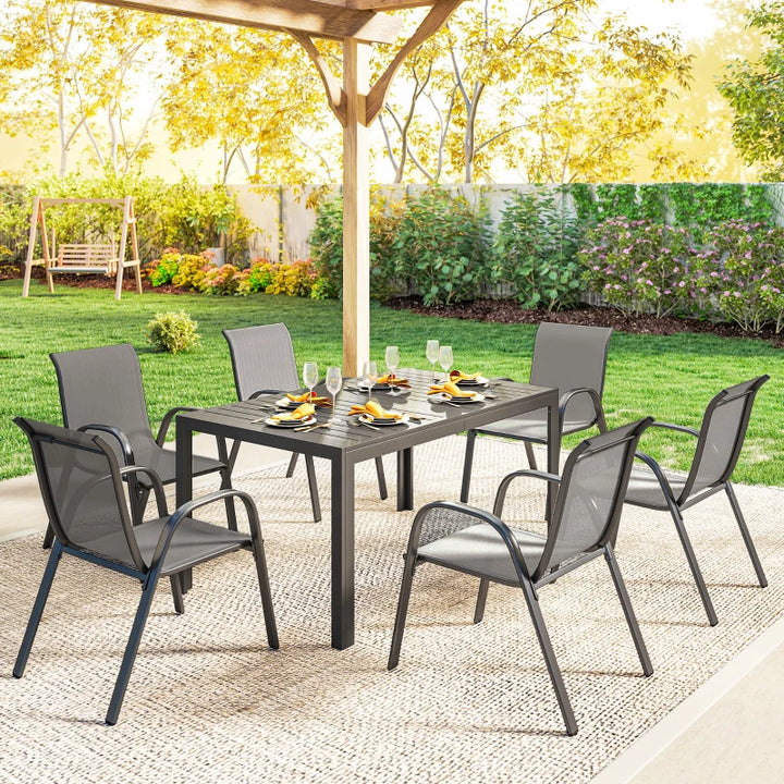 7 Pieces Outdoor Dining Set for 6 - Durable Stackable Patio Furniture with Rectangular Table