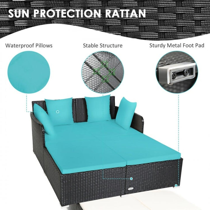 Double Rattan Wicker Daybed Sun Lounger Sofa Chaise w Cushions for Outdoor Patio, Turquoise, Black