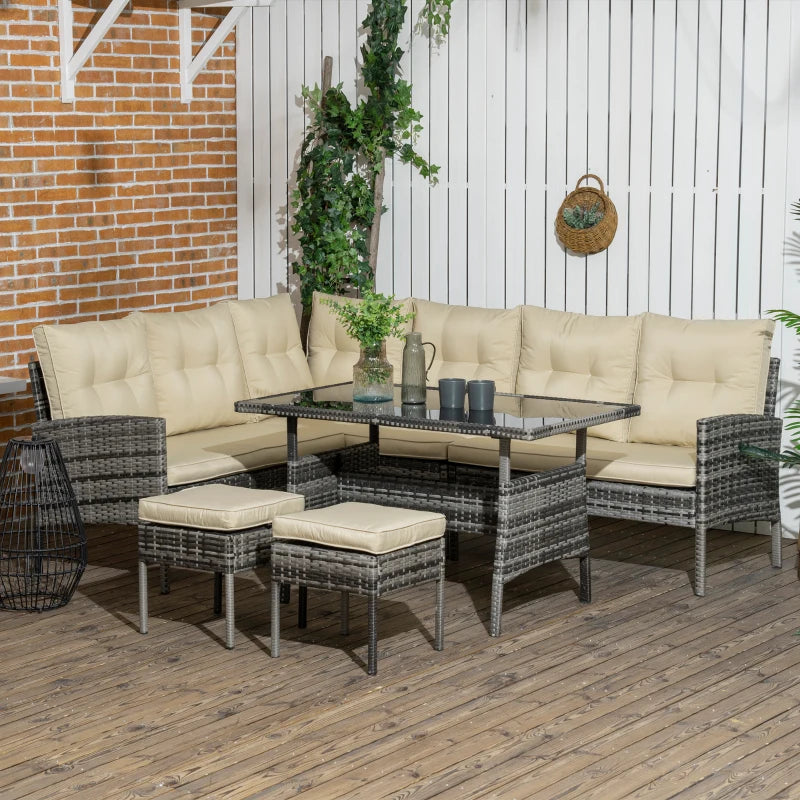 6pc L-Shape PE Rattan Wicker Dining Table Set w Stools, Cushions for Outdoor Patio, Khaki, Grey