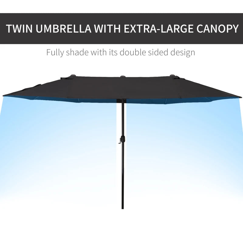 15ft Double Twin Canopy Patio Outdoor Deck Umbrella Shade Shelter w UV Protection Crank, Black