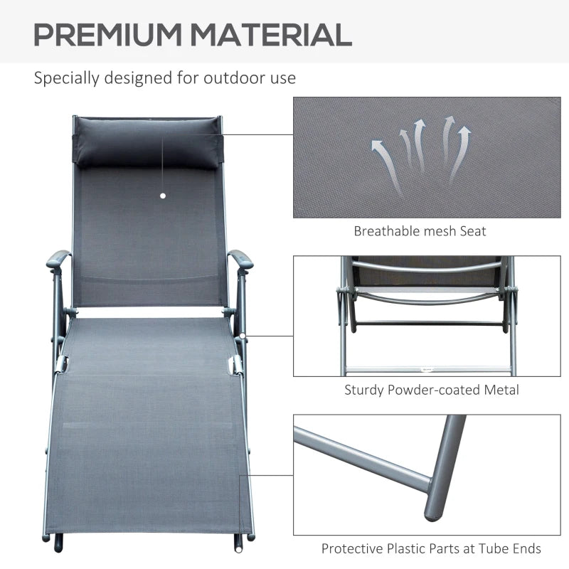 Folding Deck / Patio Sun Lounger w/ Neck Pillow - Grey
