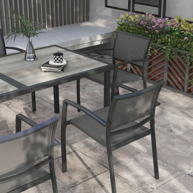 7pc, 6 Seat Outdoor Patio Dining Set w Wood Grain Table Mesh Stackable Chairs - Black, Grey