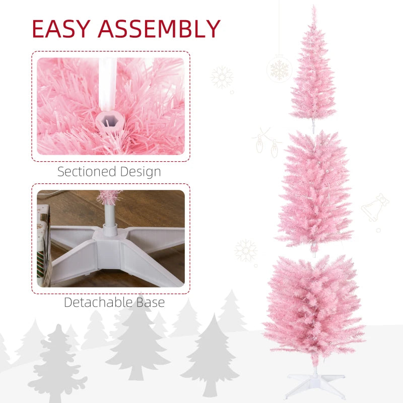 7ft 499-Tip Prelit Slim Pencil Artificial Christmas Holiday Tree, 200 Warm Lights, Xmas Pink
