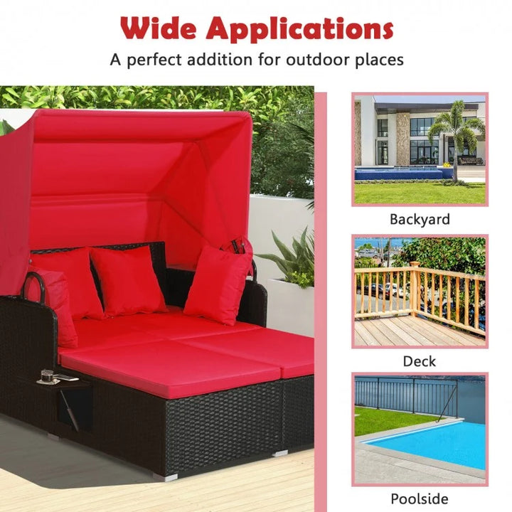 2-Person Rattan Wicker Canopy Daybed Lounge Chaise for Outdoor Patio, Cushions, Black, Red