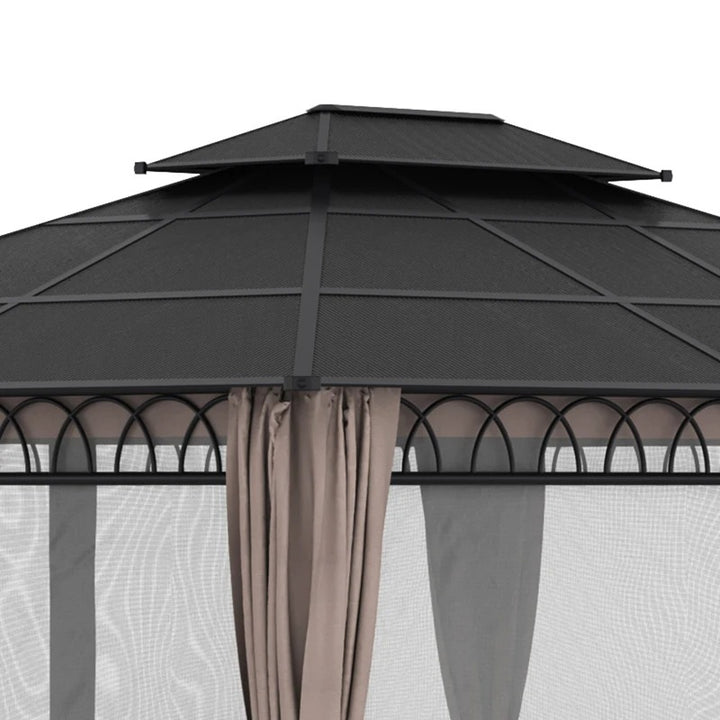 12' x 10' Tiered PC Hardtop Aluminum Frame Gazebo Canopy Shelter w Curtains, Mesh, Black, Beige