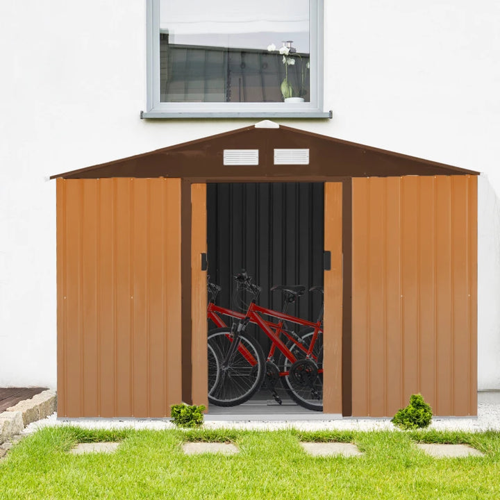 9’ x 6’ x 6’ Outdoor Metal Storage Shed Organizer w Foundation for Patio Backyard - Brown