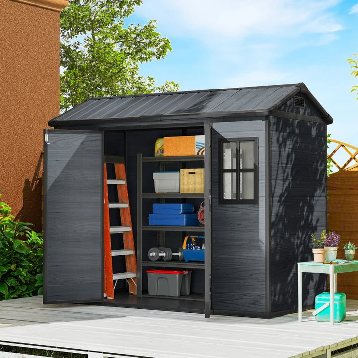 Resin Garden Shed Wood-Effect Outdoor Storage with Floor and Lockable Doors - Spacious Weather-Resistant Storage