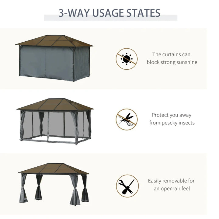 13’ x 10' Aluminum Metal PC Hardtop Gazebo Shelter Canopy w/ Curtains, Mesh Walls - Black, Grey