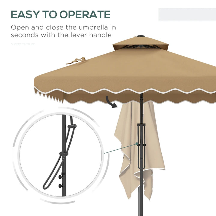 8ft Square Offset LED Umbrella Canopy w Solar Light, Weights, Base, Outdoor Patio, Khaki Brown