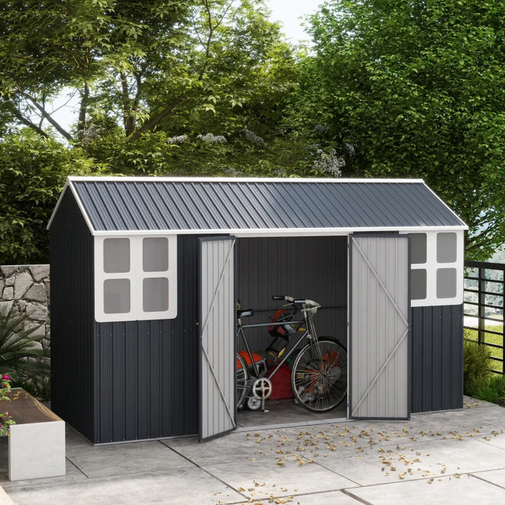 12' x 5.5' Galv Steel Metal Outdoor Bike Tool Storage Shed Organizer, Pool Yard Garden, Dk Grey