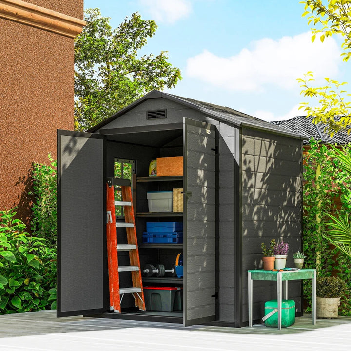 6x4.5FT Plastic Garden Shed with Lockable Double Doors and Ventilation - Weatherproof Tool Storage