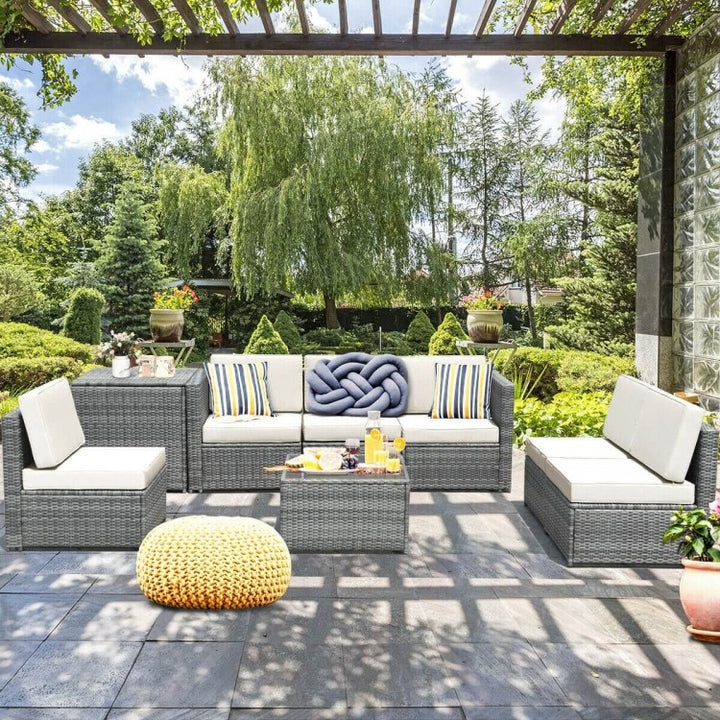 8pc L-Shape Rattan Wicker Sectional w Storage, Cover, Outdoor Patio Furniture, Grey, White