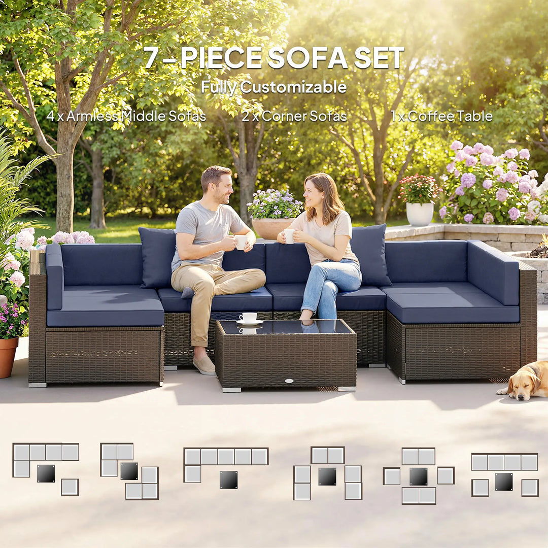 7pc PE Rattan Wicker Sectional Conversation Furniture Set w/ Cushions Outdoor Patio - Dark Navy Blue