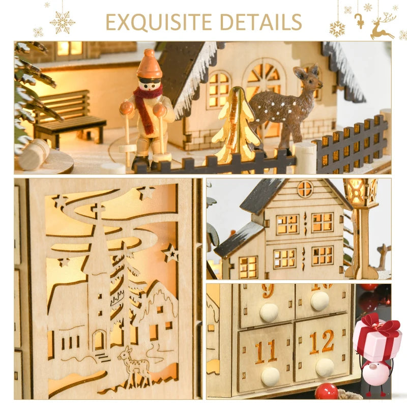 Light-Up Wooden Christmas Advent Countdown Decoration w 24 Drawers Holiday Xmas, Winter Village