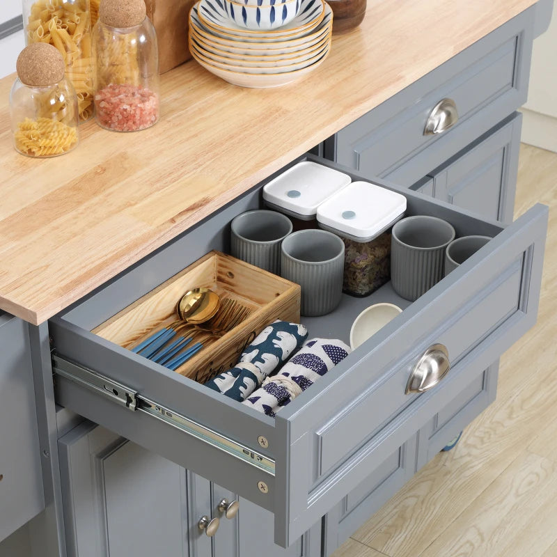 Rolling Kitchen Island Cart w Drop-leaf Dining Countertop Bar, Storage Cabinet, Wood Top, Grey