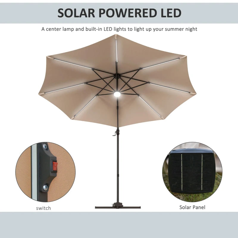 10ft Offset LED Tilt Umbrella Cantilever Canopy Outdoor Patio, Solar Light, Cross Base, Beige