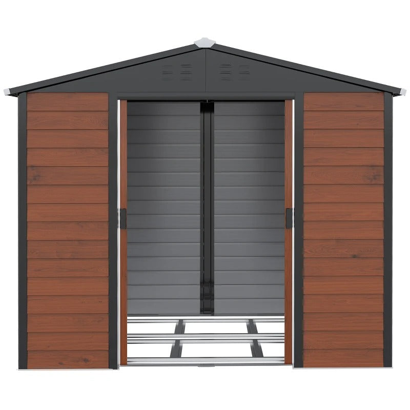 8’ x 7’ x 6.5’ Outdoor Metal Storage Shed Tool Organizer for Patio Yard, Teak Woodgrain Brown